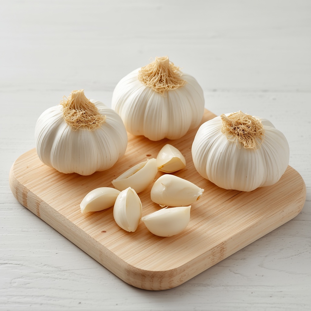 Fresh garlic bulbs and peeled cloves on wooden surface