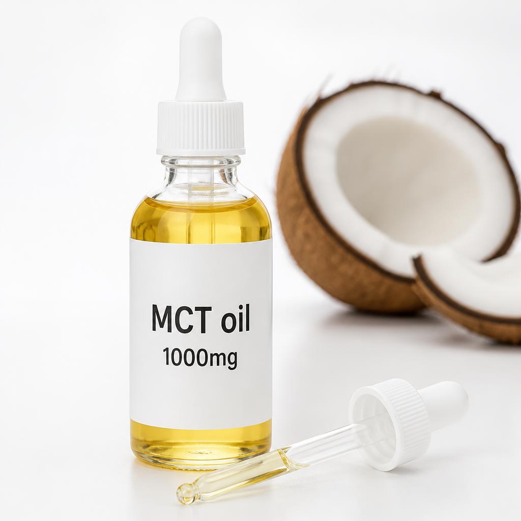 MCT oil liquid dropper with coconut halves