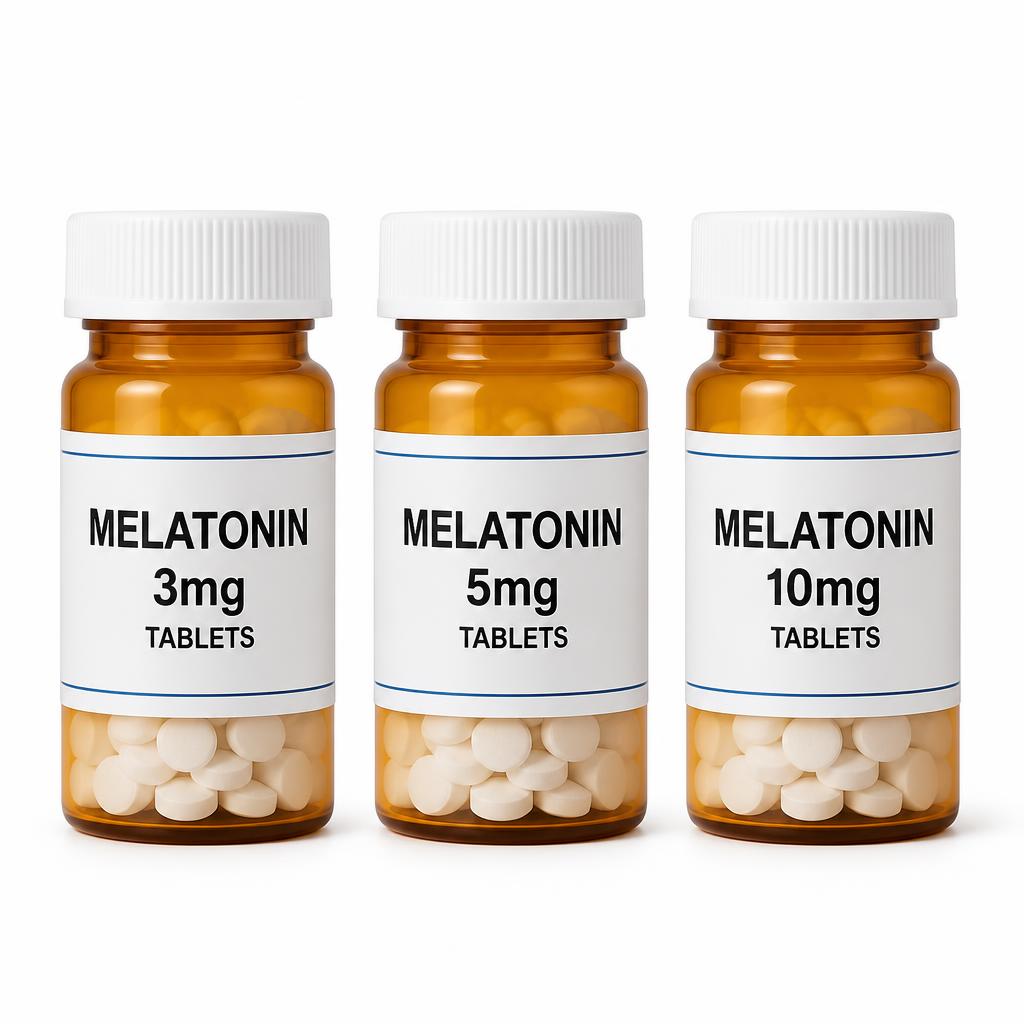 Melatonin 3mg 5mg and 10mg bottles tablets and capsules