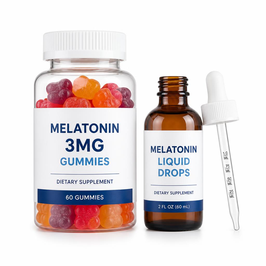 Melatonin gummies and liquid drops with dosage dropper