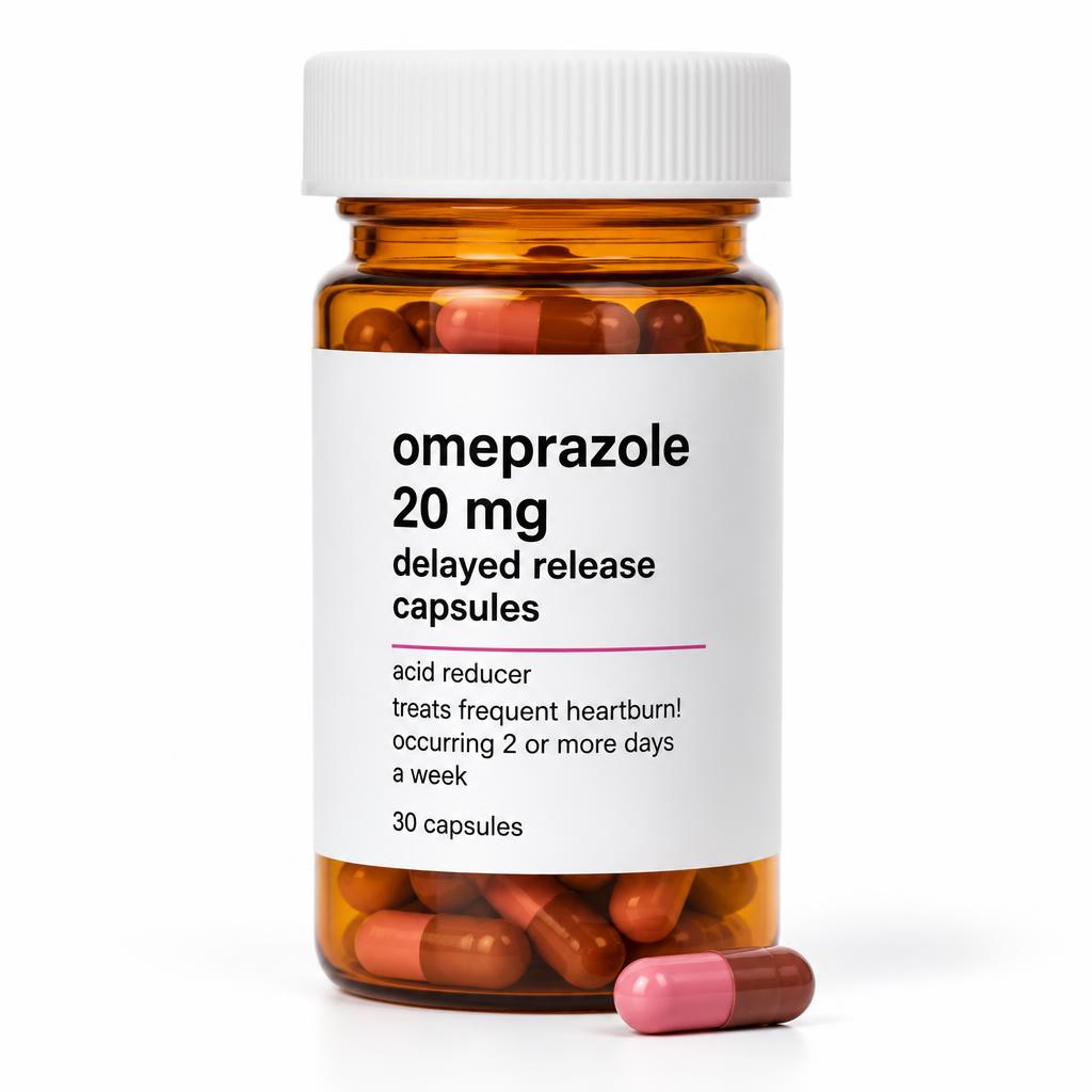 Omeprazole 20mg delayed-release capsules close-up